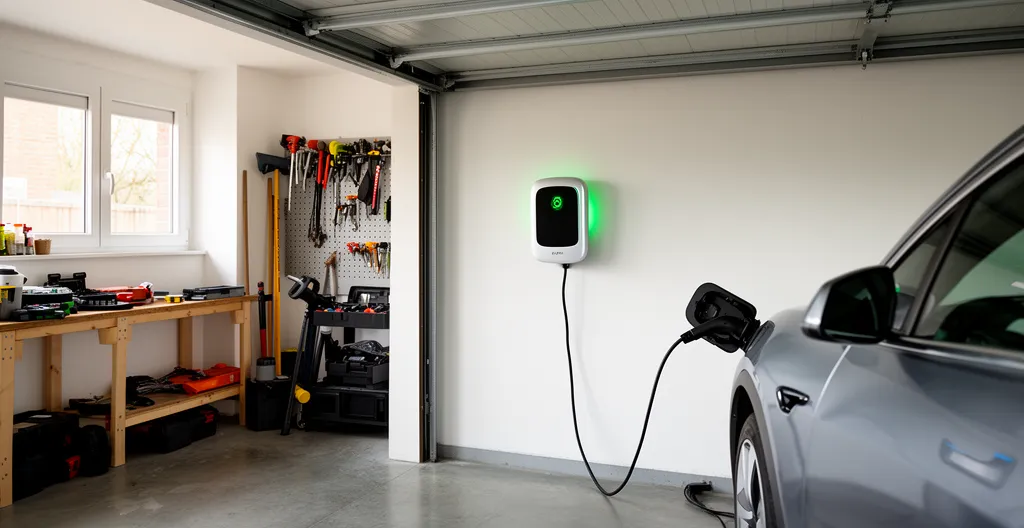 Borne de recharge V2C installée dans un garage résidentiel avec véhicule branché