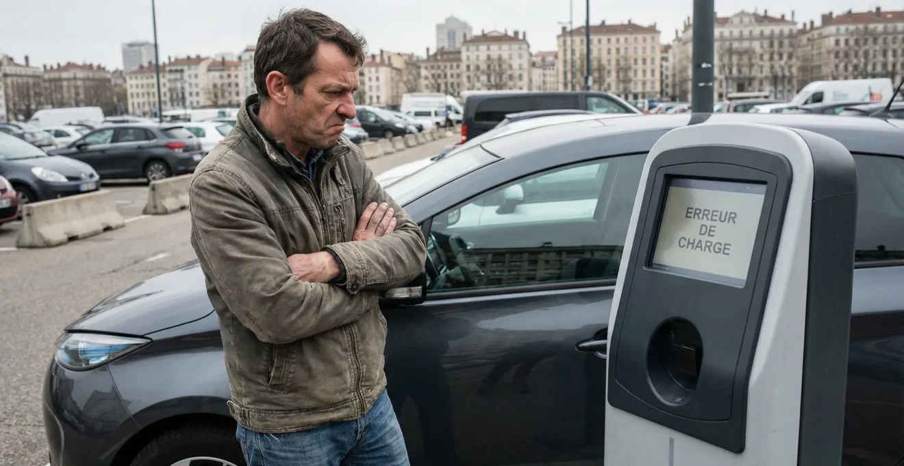 Conducteur français attendant devant une borne de recharge publique affichant une erreur