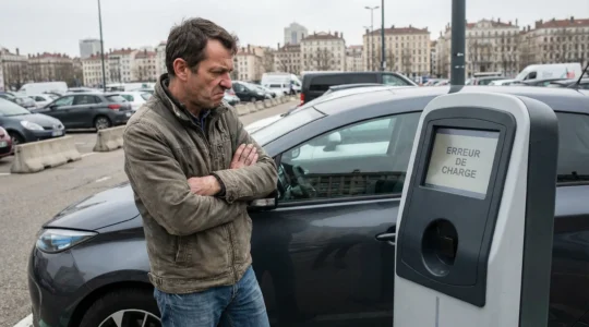 Conducteur français attendant devant une borne de recharge publique affichant une erreur