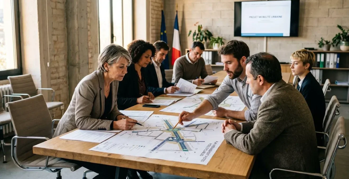 Réunion de travail dans une salle municipale avec élus et techniciens examinant des plans d'aménagement cyclable